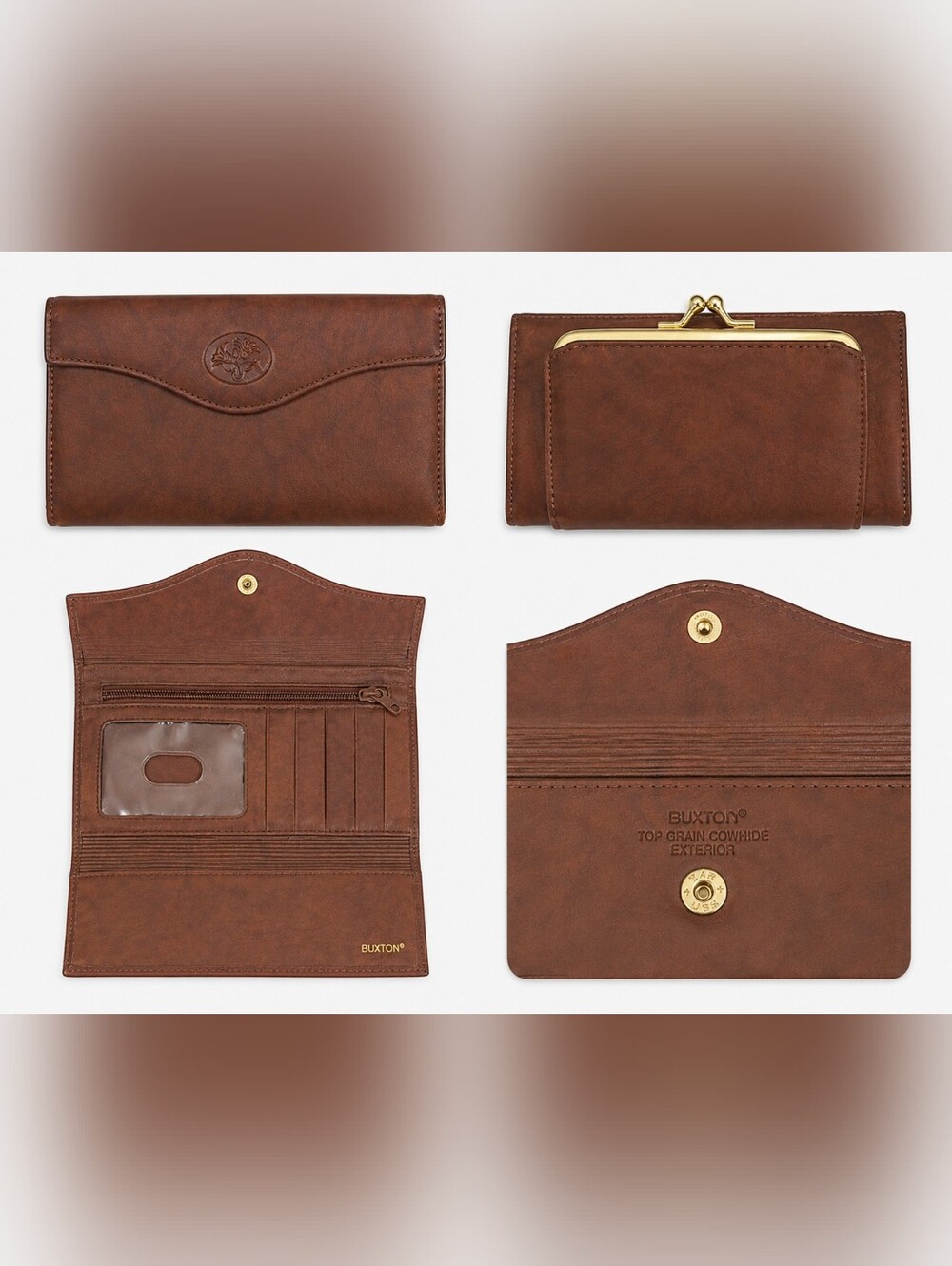 Buxton Cowhide Leather Wallet – Gold Clasp, Preowned Excellent Condition